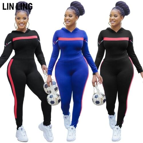 LINLING Casual Stripe Stitching Hoodie Fall Clothes Two Piece Set Tight Pullover Sweatshirt + Leggings Sports Matching Suit