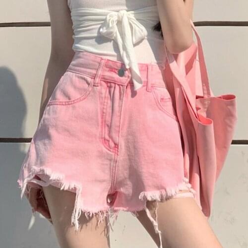 QOERLIN Womens Denim Shorts Ripped Pink High Waist Shorts Female Plus Size Sexy Summer Beach Hot Pants Chic Streetwear Jeans