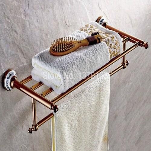 Luxury Rose Golden Copper Ceramic Base Wall Mounted Bathroom Large Towel Rail Bar Rack Holder Shelf Bathroom Accessory aba383