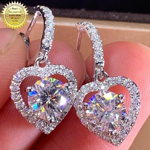 14K White Gold Women Drop Clip Hoop Earrings U Moissanite Diamonds 0.5 1 2 3 Ct Heart Round Wedding Party Engagement Anniversary