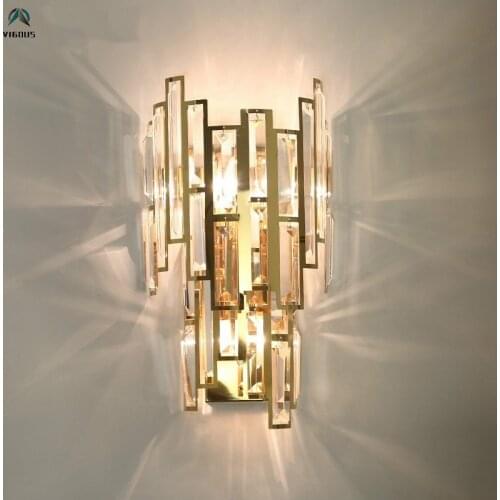 Modern Luxury GoldSteel Led Wall Lamp Lustre K9 Crystal H48cm Led Wall Scones Led Wall Mounted Lamp Led Light Indoor Lighting