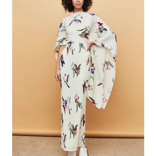 Abstract Arts Animal/Plant Print Crinkle Ruffle Cape Maxi Gown Vintage Floral Bird Jacquard Long Plisse Asymmetric Event Dress