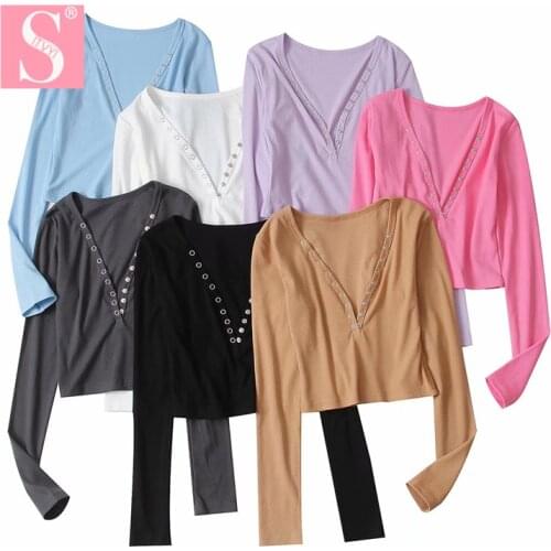 STVY Big V-neck Nine Buttons Long Sleeve T-shirts For Women 2021 Spring Summer Basic Candy Colors Tee Tops 7 Colors