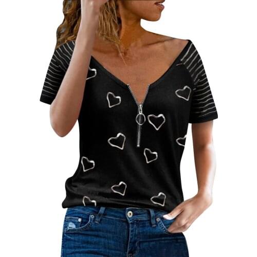 Fashion Women Summer Heart Print Harajuku T-Shirts for Streetwear Zipper Decor V-Neck Short Sleeve Casual Loose Pullovers Top