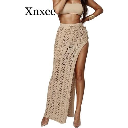 Beach Crochet Skirt Women High Waist Knitting Maxi Long Skirt Sexy Hollow Out Side Split Club Party Skirts Casual Asymmetrical