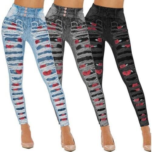 Rose Print Denim Sports Imitate Jeans Legging Push Up Fashion Pants High Waist Workout Jogging for Women Athleisure Leggings 5XL