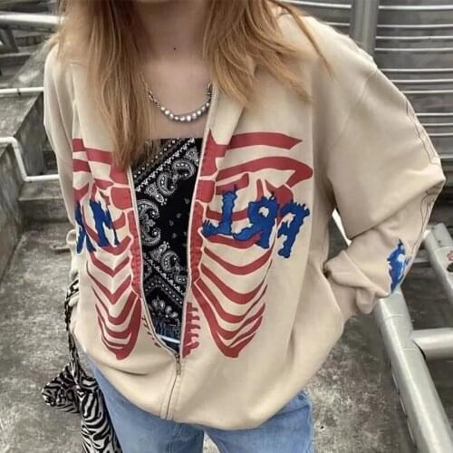 Womens coats zip up hoodie High Street Skull Y2K Gothic Sweatshirt Vintage winter clothes sweatwear Cardigan Jacket Oversized