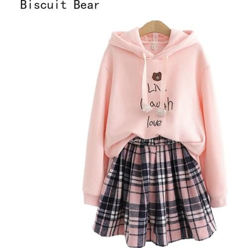 Sweet Womens Suit Set Love Cartoon Bear Embroidery Hooded Pink Sweatshirt And Plaid Pleated Skirts Two Piece Skirt Set Girls