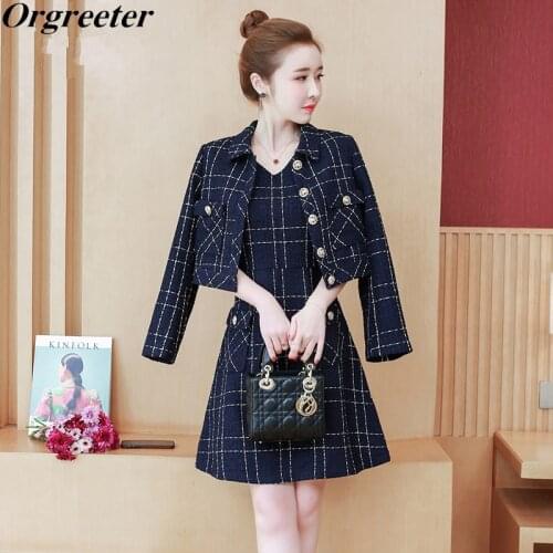 Fall Winter Small Fragrance Plaid Tweed Dress Two Piece Set Women Temperament Cropped Jacket and Slim MIni Tank Dress Suits