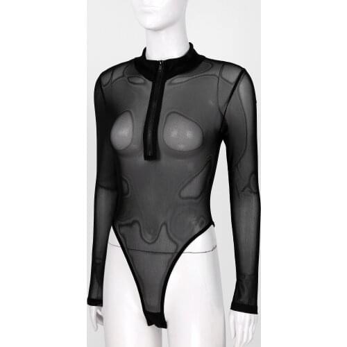 Mesh Bodysuit Women Bodycon Long Sleeve See-Through Exotic Teddies Fit Skinny Jumpsuit Mock Neck Zipper High Cut Leotard Catsuit
