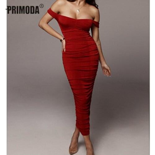 2021 Summer Party Off Shoulder Dress Femme Slash Sexy Women Evening Party Clubwear Midi Dresses Bodycon Lady Red Outwear PR569G