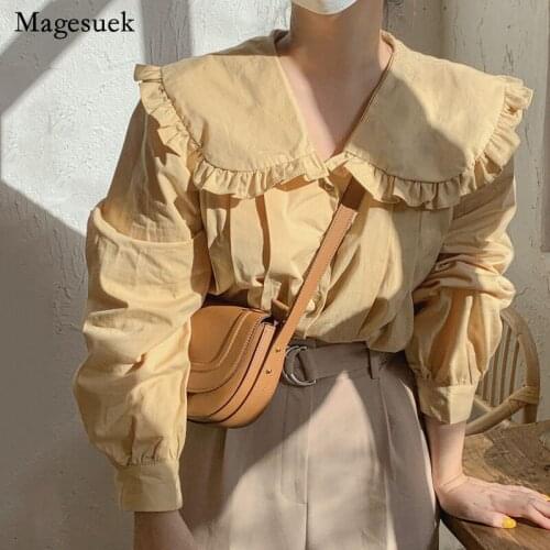 Korean Doll Collar Blouses Fashion Women 2021 Spring Patchwork Loose White Blouse Shirt Ins Sweet Temperament Tops Blusas 14037