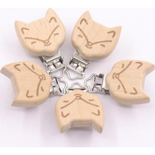 Beech Wooden Pacifier Clip 10pcs Baby Teether Rodent Cartoon Fox DIY Pacifier Chain Nipple Holder Accessories Gift Teething Toys