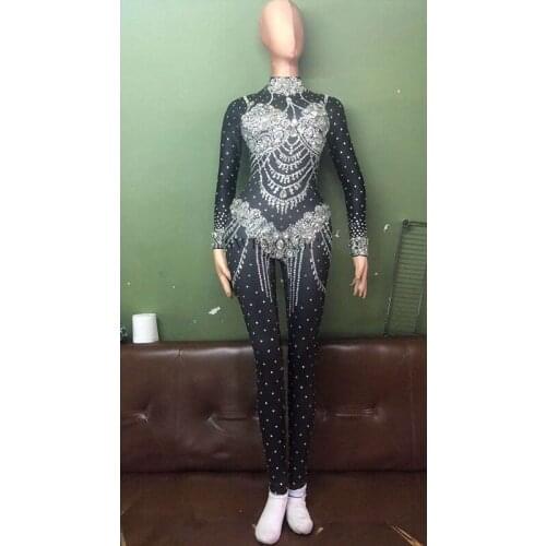 Black Sparkly Crystals Jumpsuit Stretch Big Stretch Outfit Celebrate Bright Rhinestones Bodysuit Singer Dance Stage Costume