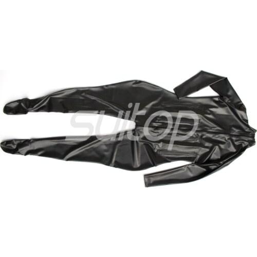Suitop black catsuit latex corset style rubber catsuit with feet with integrated corset in back zip