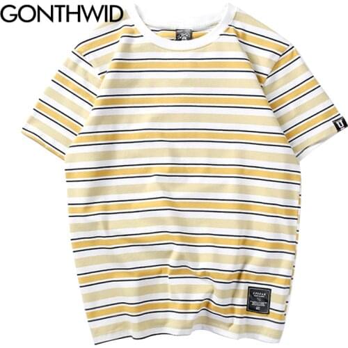 GONTHWID Harajuku Stripe T Shirts Men/Women Hip Hop Casual Cotton Short Sleeve Tops Tees Summer Fashion Tshirts Black Red Pink