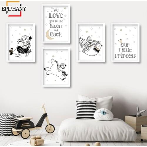 Baby Girl Nursery Decor Unicorn Bird Little Princess Scandinavian Gallery Wall Art Print Picture Posters Kids Room Wall Painting