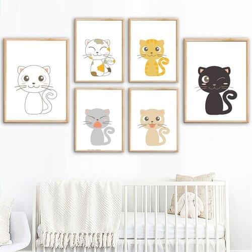 Kawaii Cartoon Cats Baby Room Nursery Decor Wall Art Canvas Painting Nordic Posters And Prints Wall Pictures Kids Room Decor
