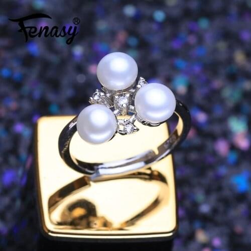 FENASY Genuine Natural Freshwater Pearl Ring Bohemian Party Cute Three Pearls Rings For Women Wholesale