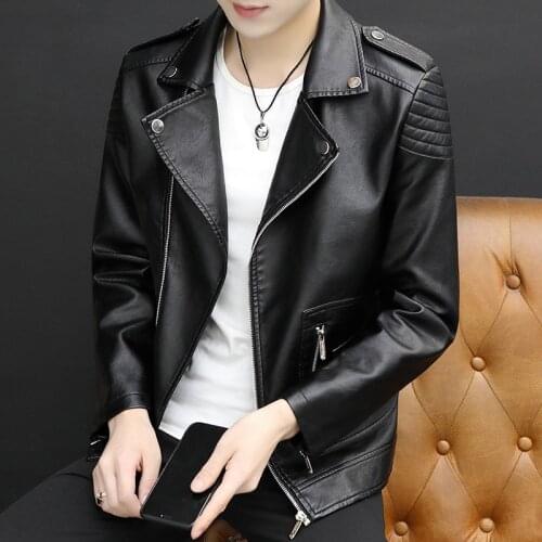 Leather mens jackets, soft leather jackets, trendy motorcycle wear, lapel, handsome, slim, Korean version, spring and autumn, t