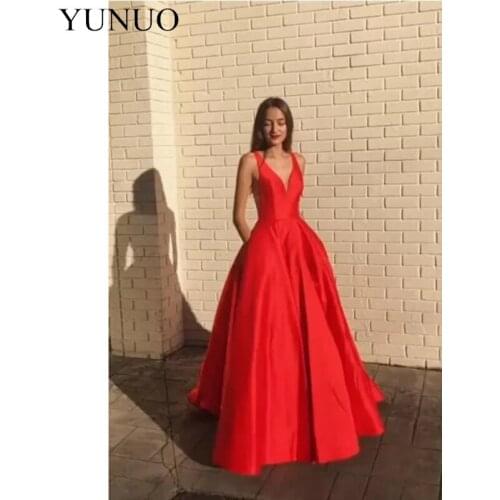 YuNuo A-line Satin Red Evening Dress 2019 V-neckline Party Gowns with Pockets N7