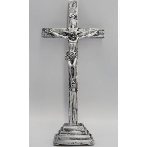 Resin Cross stand with Crucifix Antique Silver Finish Religious Figure Jesus Cross crucifix Figurine 11*4.8*1.4inches SY-1004S