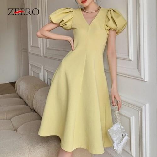 Summer Korean Female Slim V-Neck Puff Sleeve Mini Dresses for Women Vintage Elegant Chffion High Waist Dress Vestido Feminino