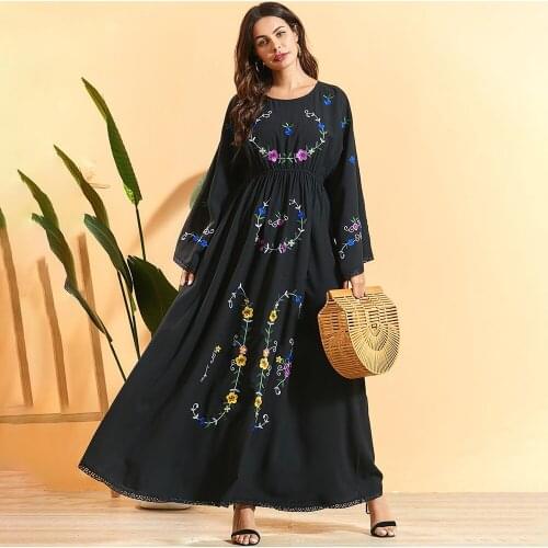Muslim dress Bohemian large long-sleeve casual loose long dress womens floral embroidery folds waist Abaya Dubai Dresses