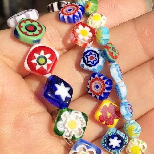6 8 10mm Rhombus Shaped Millefiori Flower Patterns Stripe Lampwork Glass Beads for Jewelry Making DIY Bracelet Accessories