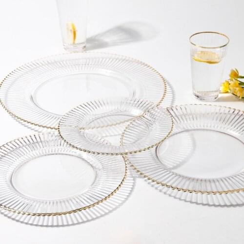 European Glass Plates Sets Champagne Wine Glass Cup Dinnerware Set Hotel Brief Style Gilt Stripe Western Food Dishes Tableware