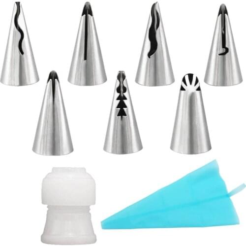 7-Piece Piping Tips with 1 Coupler+ Silicone Pastry Piping Bag Stainless Steel Cake Model Ruffle Piping Nozzles Icing Tips Set