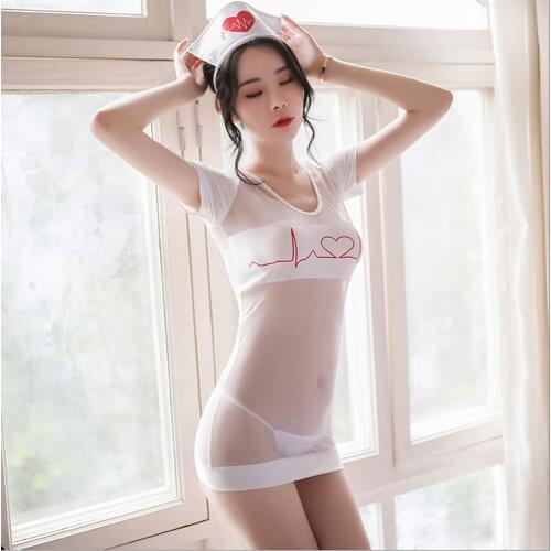 New Women Sexy Lingerie Nurse Uniform Dress See Through Short Sleeve Temptation Costume Fancy Nurse Doctor Cosplay Outfit Set