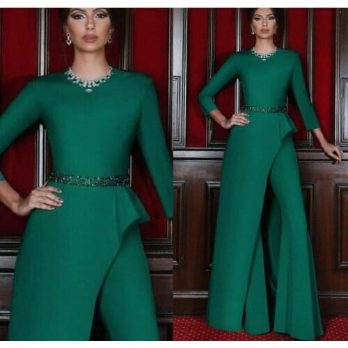 Hunter Green Muslim Evening Jumpsuit Dresses Wear 2021 Beaded Belt Long Sleeve Arabic Caftan Prom Dress with Pant Suit