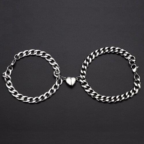 2Pcs/pair Stainless Steel Couple Bracelets Magnetism Heart Charm Fashion Cuba Chain Bracelets Jewelry Gift For Women Men 2021