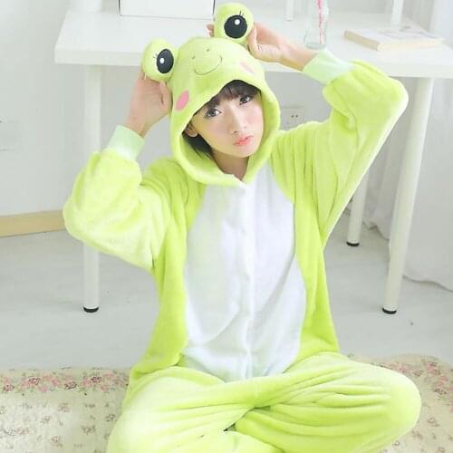 Adults Animal Pajamas Sets Cartoon Sleepwear Cosplay Zipper Women Men Winter Unisex Flannel Green Frog Pajamas