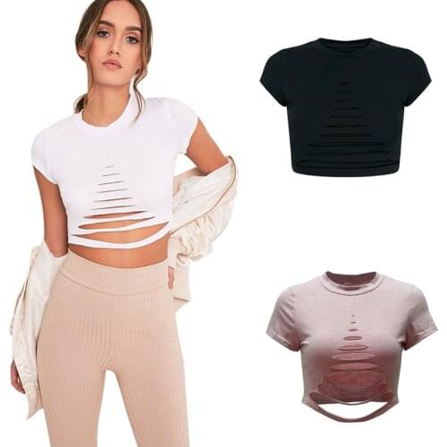 -With Holes Short T-shirt Crew Neck Navel Short Sleeve Base Tops Womens Tshirt Streetwear Womens Clothing