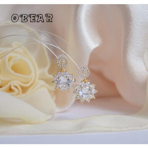 OBEAR 14k Real Gold Plated Korean Pavé Crystal Flower Geometric Stud Earrings Women Elegant Temperament Birthday Gift Jewelry
