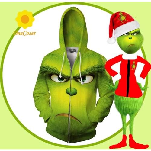 Grinch Sweater Christmas Hoodies Green Cartoon 3D Print Zip-up Pullover Sweatshirts Men Women Couples Costume for Christmas