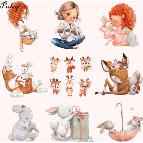 Pulaqi Cute Rabbit Iron On Transfers For Clothing Stickers Lovely Girl Heat Patch Thermal Transfer on Clothes Vinyl Deer Patches