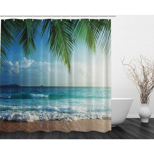 Palms Ocean Tropical Island Beach Decor Bathroom Textile Print Fabric Shower Curtains Bathroom Curtain Mat