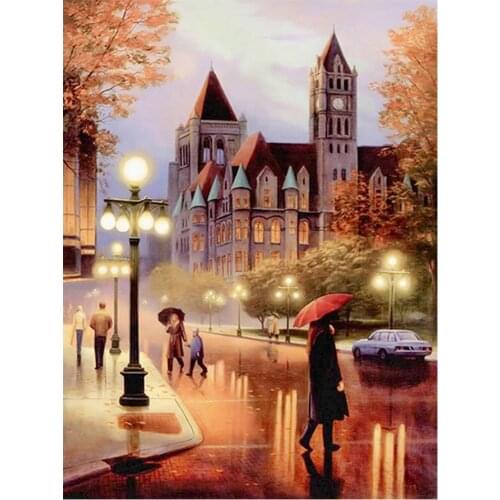 Street View of City Street Lamp Diamond Painting Scenic Portrait Round Full Drill DIY Mosaic Embroidery 5D Cross Stitch Gifts