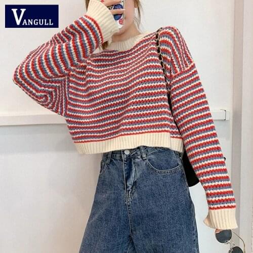 Vangull Striped Colorful Short Polluver Sweater Women Winter Fashion Korean style Knitted Sweater Autumn Loose High Waist Tops