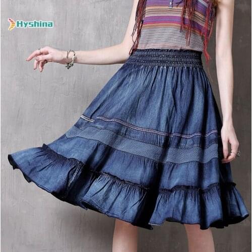 Womens Summer Patchwork Denim Skirt Retro Ruffle Skirt Versatile Skirt