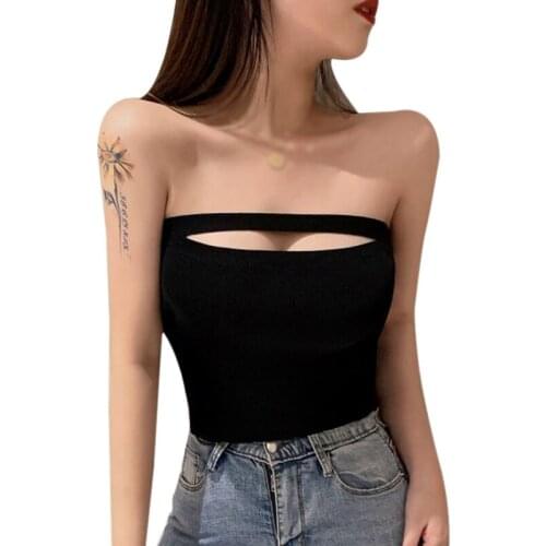 Daxin Womens Solid Ruffles Sexy Tanks Strapless Female Korean Top Ladies Shirt Summer Slim Exposed Navel Knitted Crop Top