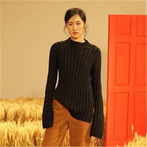 100% hand made pure wool knit women streetwear Oneck flare sleeve open hem H-straight solid pullover sweater one&over size