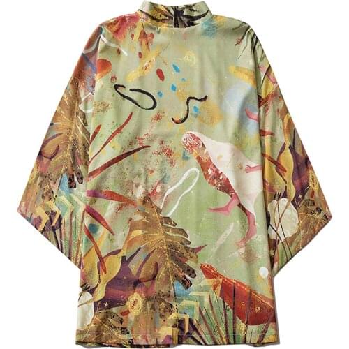 64# Handsome Casual Loose Kimono Men Shirts Open Front 3/4 Sleeve Japanese Style Print Cover Up Cardigan Vetement Homme 2021