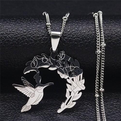 Boho Animal Hummingbird Flower Tree Stainless Steel Chain Necklaces for Men/Women Silver Color Bird Jewelry collares N2218S04