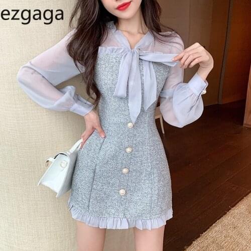 Ezgaga Vintage Sexy Chiffon See-through Patchwork Tweed Mini Dress Women Ribbon Bow Long Sleeve Single-breasted Party Dress