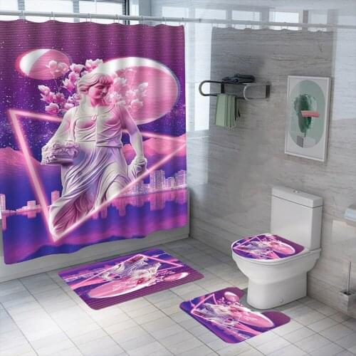 Artistic Sculpture Shower Curtain Set Waterproof Washable Polyester Bath Curtain Anti-slip Rugs Toilet Lid Cover Bath Mat Set