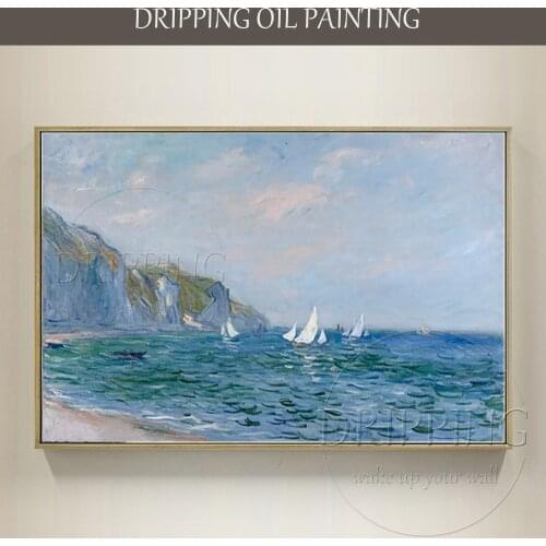 Reproduction Cloud Monet Oil Painting on Canvas Hand-painted Cliffs and Sailboats at Pourville for Living Room Wall Decoration